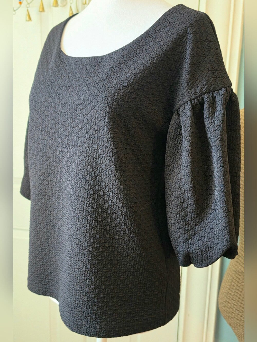 Postmark X Anthropologie Textured Puff Sleeve Blouse Womens S Black Relaxed Fit